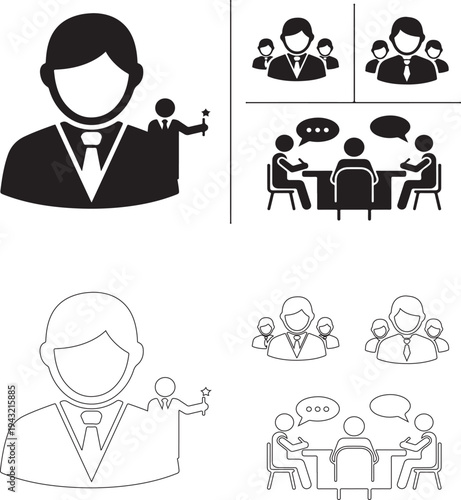  Office workers and corporate staff icon collection. Thin outline vector symbols for business people, team collaboration, workplace communication and professional roles with editable line width and co