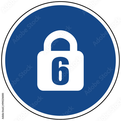 Vektor Illustration Jugendschutz und Kindersicherung blaues rundes Symbol Schloss mit Zahl 6 für Altersbeschränkung und Zugangskontrolle