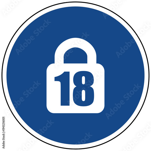 Vektor Illustration Jugendschutz und Kindersicherung blaues rundes Symbol Schloss mit Zahl 18 für Altersbeschränkung und Zugangskontrolle
