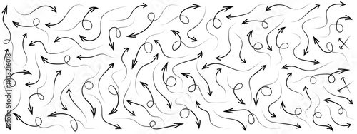 Various black brush drawn curved arrows. Collection doodle marker thick arrows in different directions.,Black pencil arrow, Grunge rough direction shape for design. Vector brush strokes