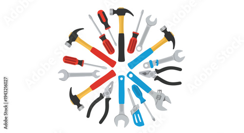 Circular arrangement of various colorful hand tools on a plain white background in a flat lay composition.