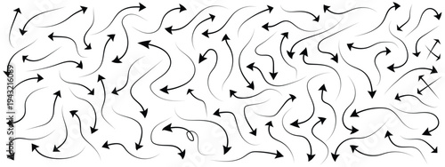 Various black brush drawn curved arrows. Collection doodle marker thick arrows in different directions.,Black pencil arrow, Grunge rough direction shape for design. Vector brush strokes