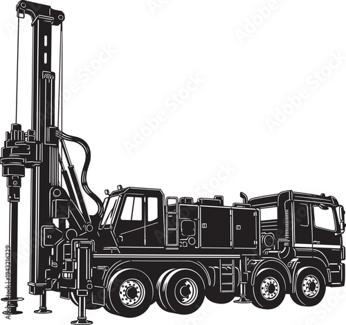 Black silhouette of truck-mounted rotary drilling rig, heavy piling machine with mast and winch system, foundation construction equipment on wheeled chassis vector 