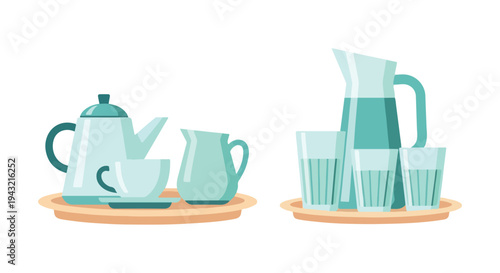 Flat lay of two wooden trays holding assorted teal-colored tea and drinkware on a clean white background with a minimalist style.