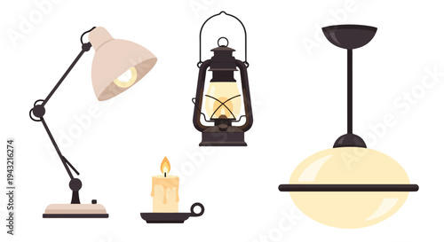 Collection of various lamps and a candle on a white background with warm lighting and modern design.