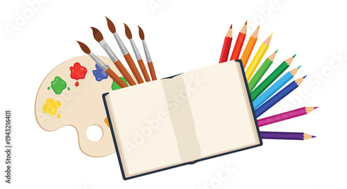 Colorful illustration of art supplies including a notebook, paintbrushes, colored pencils, and a palette on a white background.