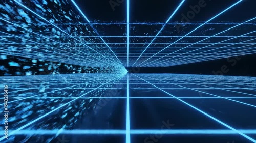 Abstract blue digital grid tunnel with fast moving data particles streaming through cyberspace perspective concept of high speed data transfer and network technology
