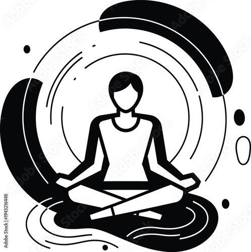 A person meditates serenely in a lotus position surrounded by abstract shapes and swirling lines wqe