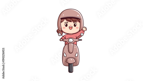 Cute Little Girl Riding Pink Scooter Cartoon Character Illustration