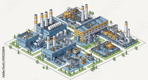 Industrial Factory Complex 3D Rendering.