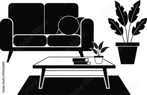 A modern living room scene featuring a sofa, coffee table, and potted plants in a minimalist interior, captured from a front viewpoint wqe reference.