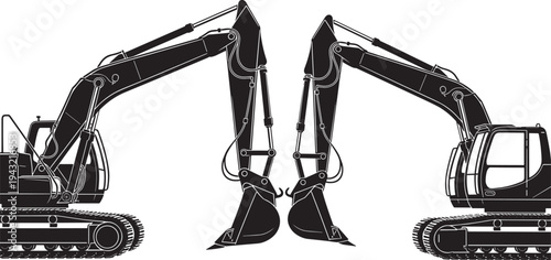 Black silhouette pair of crawler excavators facing each other, mirrored heavy diggers with extended booms and buckets, construction machinery vector illustration set