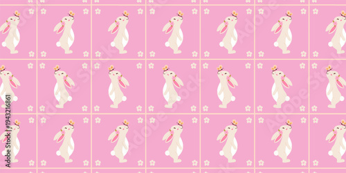 Seamless pattern with cute bunny, flowers and butterflies on a pink background, adorable rabbit character in a childish style, vector illustration for baby fabric, wallpaper, wrapping paper and statio