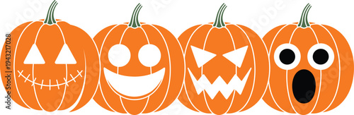 Set of four orange Halloween jack o lantern pumpkins with different spooky and funny faces for festive holiday celebration vector illustration