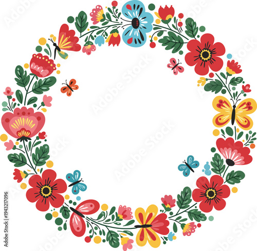 Floral wreath frame with colorful flowers and leaves on white background example letter o decoration