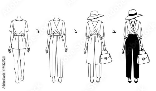 Fashion outfit line art step by step illustration tutorial vector isolated on white background