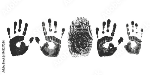 Black ink handprints and a large central fingerprint isolated on a white background for identity.