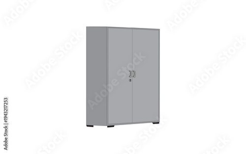 Grey metal office cabinet vector illustration, industrial storage locker or cupboard for workplace organization and furniture.