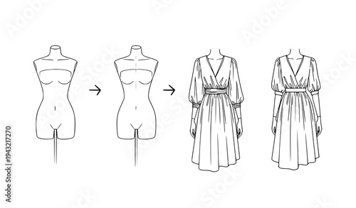 Stylish fashion figure line art step by step drawing tutorial vector illustration isolated on white background