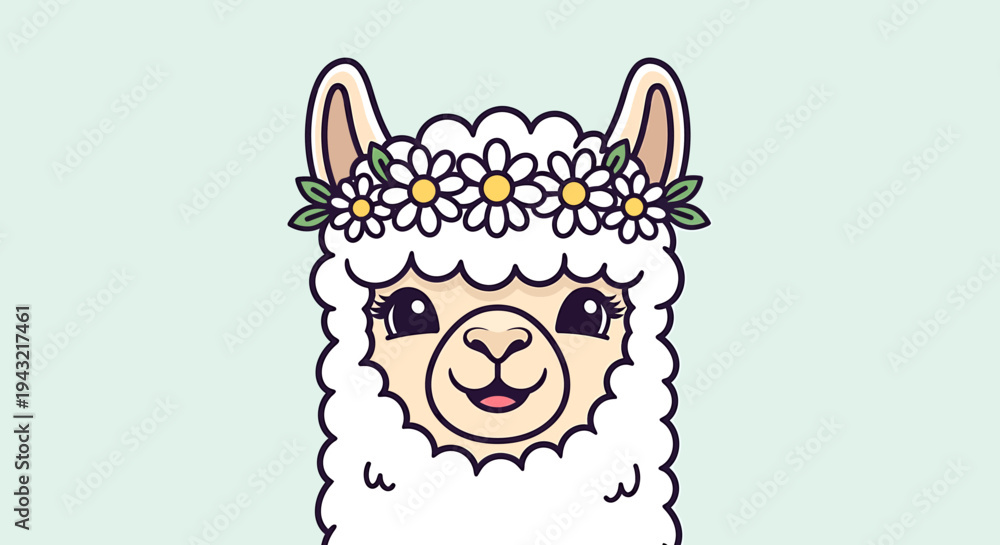 Fototapeta premium Cute cartoon llama with flower crown.