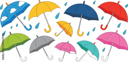 Large set of colorful umbrellas with falling rain drops and cloud patterns for autumn season weather vector illustration