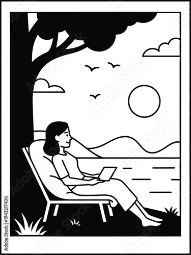 Woman relaxing outdoors with laptop under tree by wqe serene landscape