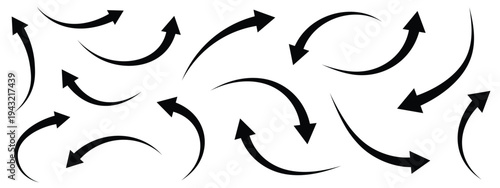 Various black brush drawn curved arrows. Collection doodle marker thick arrows in different directions.,Black pencil arrow, Grunge rough direction shape for design. Vector brush strokes