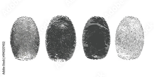 Four unique black ink fingerprint patterns isolated on a plain white background for identification.