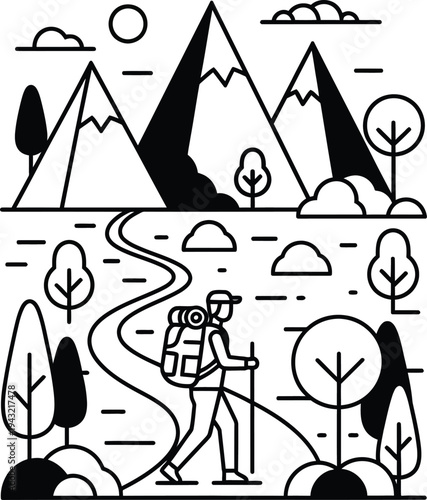 Hiker with backpack trekking through mountains and trees, winding path ahead, vector illustration wqe (776) style