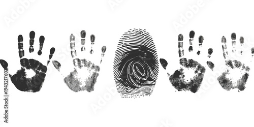Collection of black handprints and a central fingerprint isolated on a plain white background.