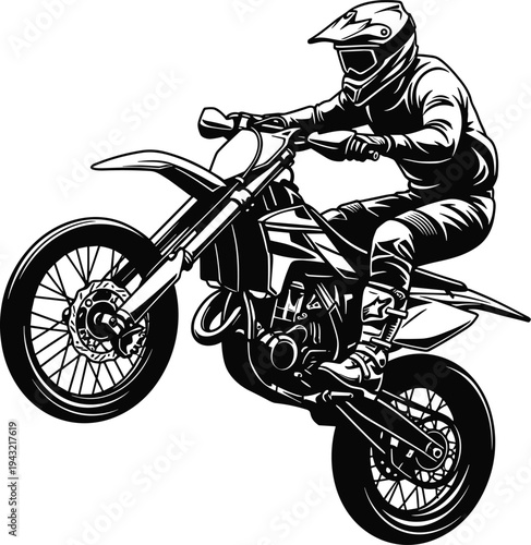 Action-packed black and white vector illustration of a motocross rider performing a wheelie on a dirt bike, capturing extreme sports energy and adrenaline.