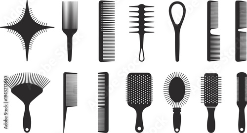 Various black and white hairbrushes and combs arranged in a grid pattern
