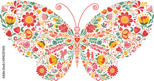 Colorful butterfly decorated with intricate floral patterns and designs on white background