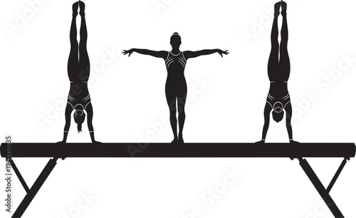 Black silhouette set of female gymnasts performing handstand poses on balance beam, three athletes in different positions, artistic gymnastics vector illustration, isolated on white background,