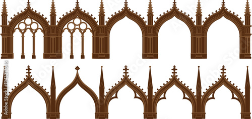 Gothic architectural pointed arches and cathedral window frames set with vintage ornamental details for historical building design vector