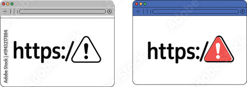 Browser window interface icons with https text and caution warning sign for website security and internet connection error concep