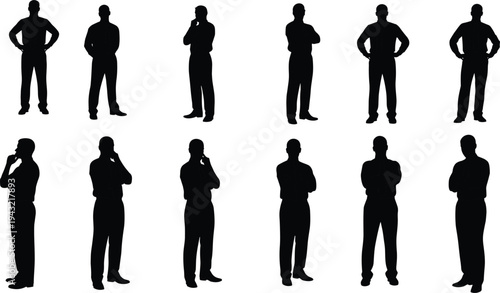 Collection of twelve human silhouettes in different standing poses, body language illustration showing communication, attitude, contemplation, psychology, posture, and non-verbal expression for design