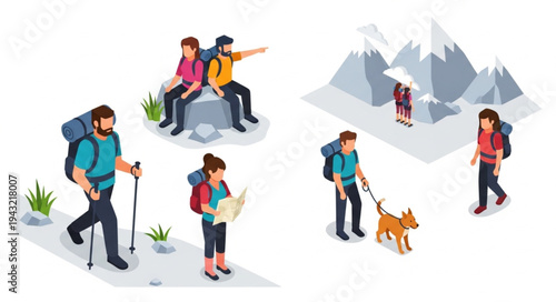 Hikers with Backpacks and Dog.