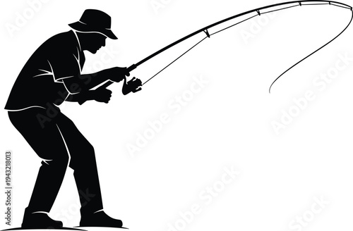 Detailed black silhouette of a fisherman wearing a hat and casting a fishing rod, capturing the peaceful yet active essence of outdoor recreational fishing.