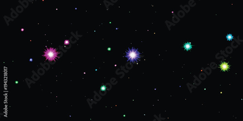 Colorful glowing stars and sparkles scattered across a deep black night sky background