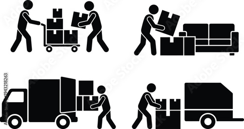 Professional moving service worker silhouette set loading boxes into truck furniture transport logistics delivery cad drawing flat vector illustration industry.