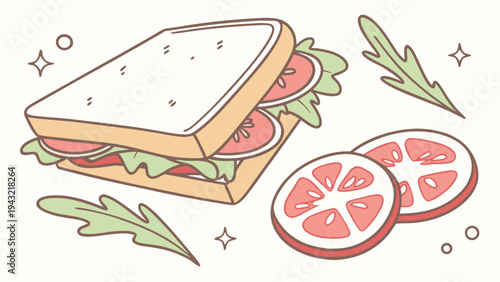 Vector illustration of doodle illustration of a healthy sandwich with tomato slices and lettuce on white backg