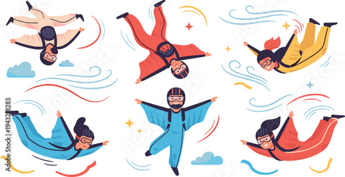 Skydiving people collection with wingsuit flyers parachuting extreme sport adventure cartoon vector illustration set