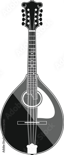 Detailed illustration of mandolin musical instrument with teardrop-shaped body, strings, tuning pegs, sound hole, and pickguard, symbolizing folk music, tradition, performance, and cultural artistry.