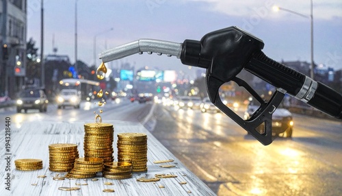 Fuel pump nozzle dispensing gold coins onto street, urban background with cars and buildings, symbolizing high fuel costs and financial impact.
