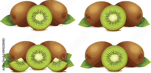 Fresh kiwi fruit whole and sliced with green pulp tropical healthy food flat vector illustration set isolated