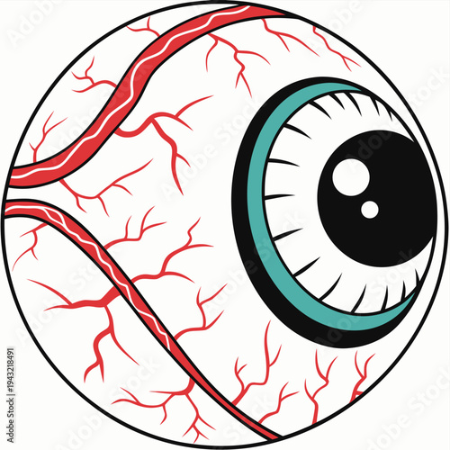 Vector illustration of bloodshot eyeball with red veins and teal iris isolated vector illustration