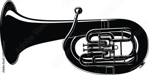 Detailed tuba musical instrument silhouette vector illustration with intricate valves and tubing isolated on white background for brass band music and orchestra performance concepts