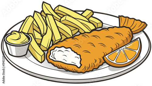 Vector illustration of fish and chips meal with french fries, orange slice, and tartar sauce, classic comfort