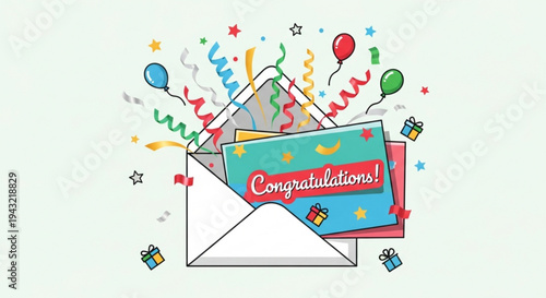 Colorful congratulations cards and gifts emerging from envelope with balloons and streamers